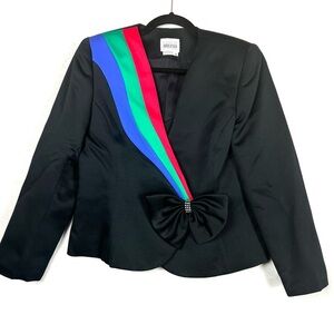 Leslie Fay Vintage Rainbow Rhinestone Bow Black Satin Blazer Jacket